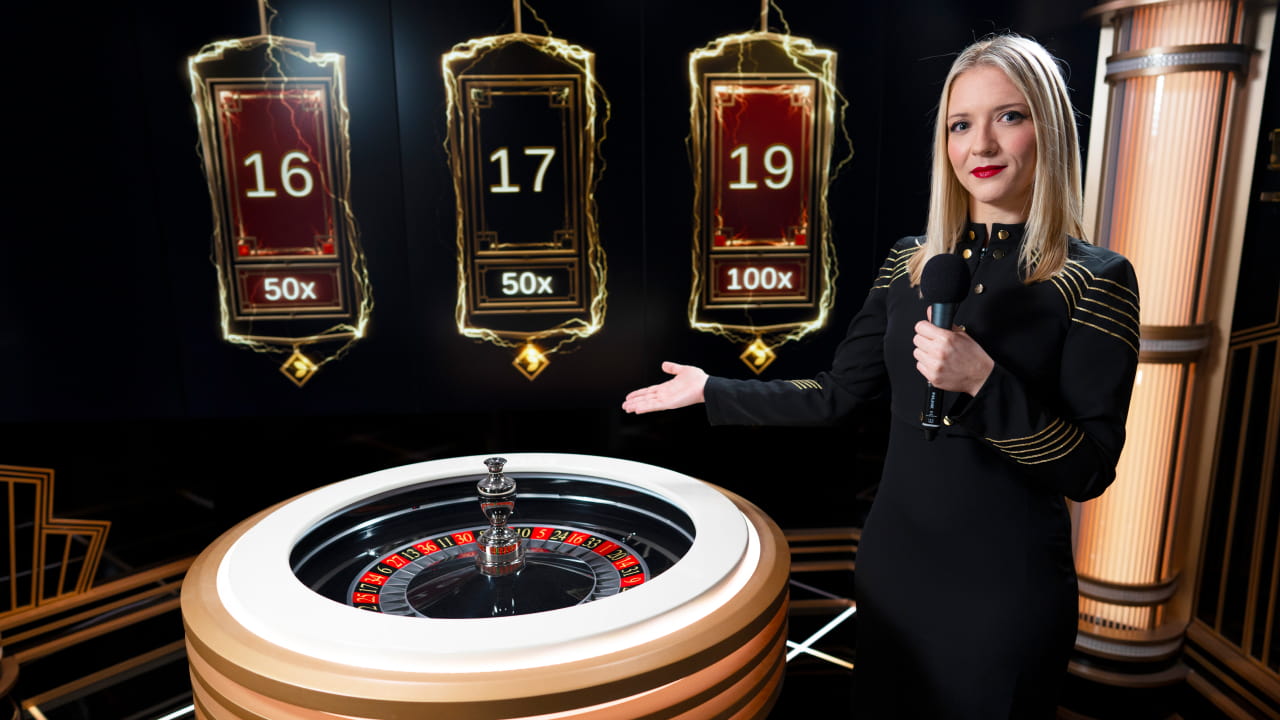 lightning roulette live studio with roulette wheel and live female dealer